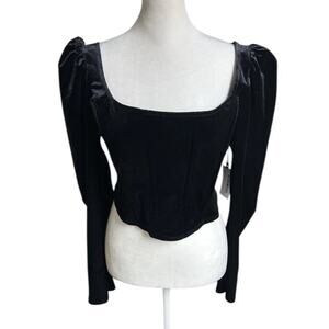 ASTR Ashbury Velvet Corset Top Womens M Black Puff Sleeve Cropped NWT